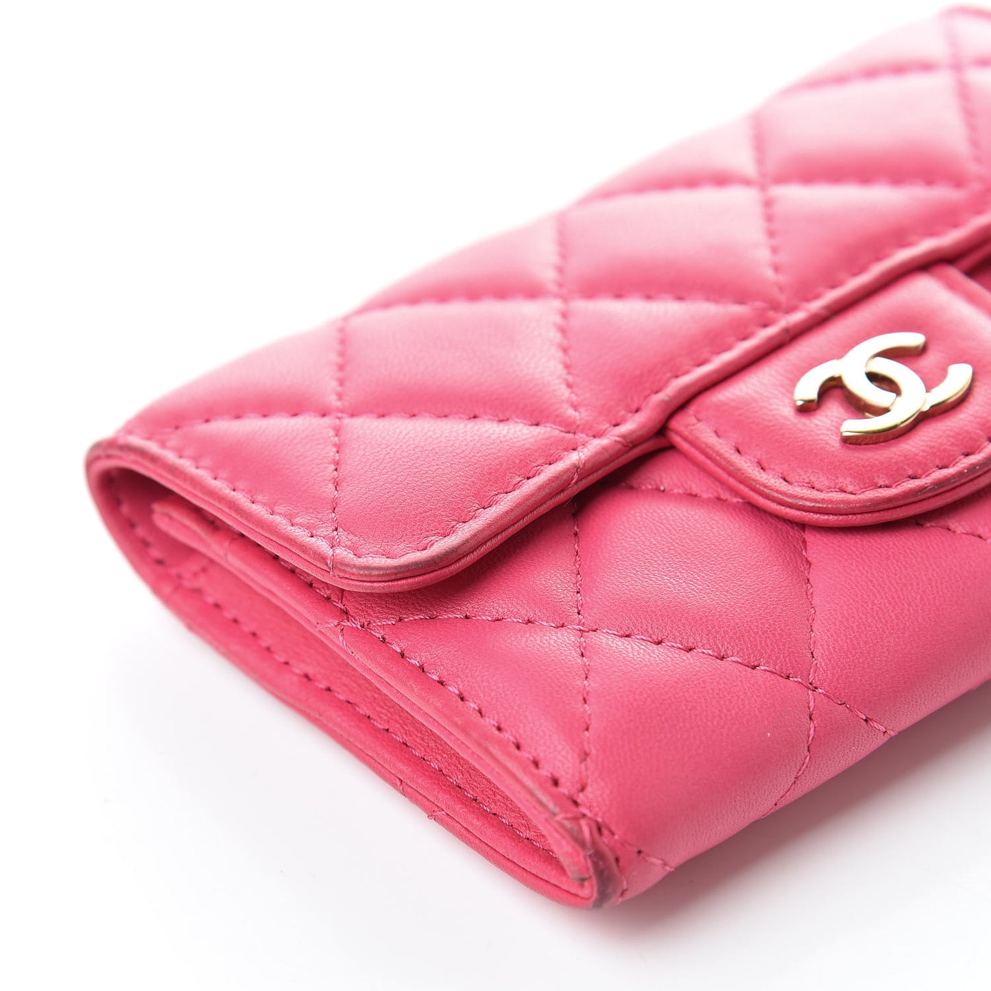 Lambskin Quilted Flap Card Holder Dark Pink