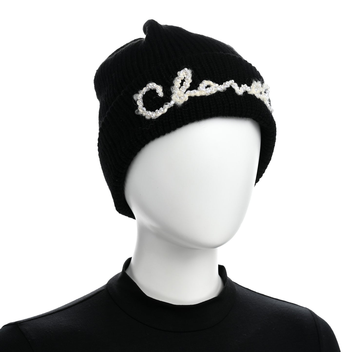 Cashmere Pearl Logo Beanie Hat Black Ivory
