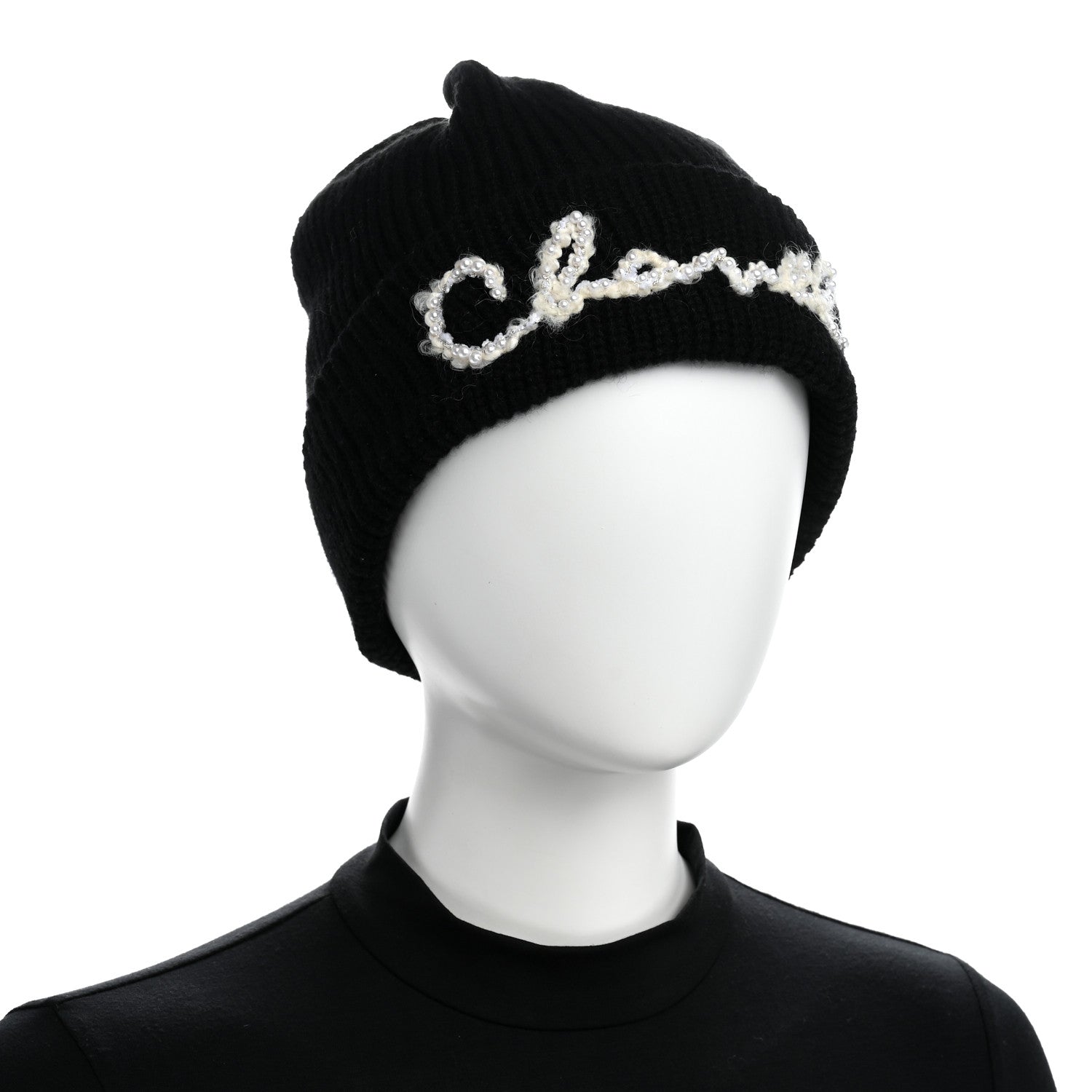 Chanel Cashmere Pearl Logo Beanie Hat Black Ivory 2 of 5