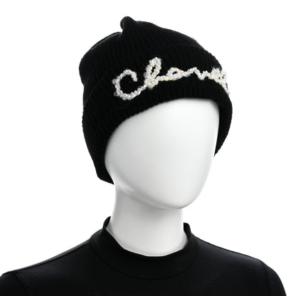 Chanel Cashmere Pearl Logo Beanie Hat Black Ivory 2 of 5