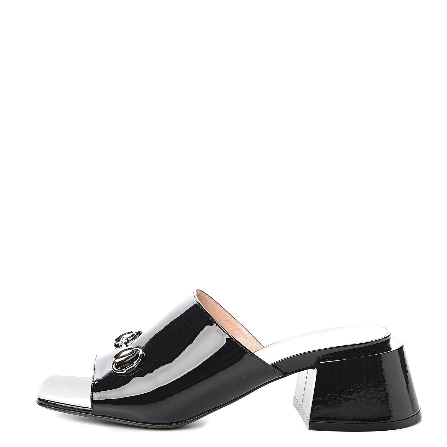 Gucci Patent Lexi Horsebit Mid-Heel Slide Sandals 40 Black 1 of 9