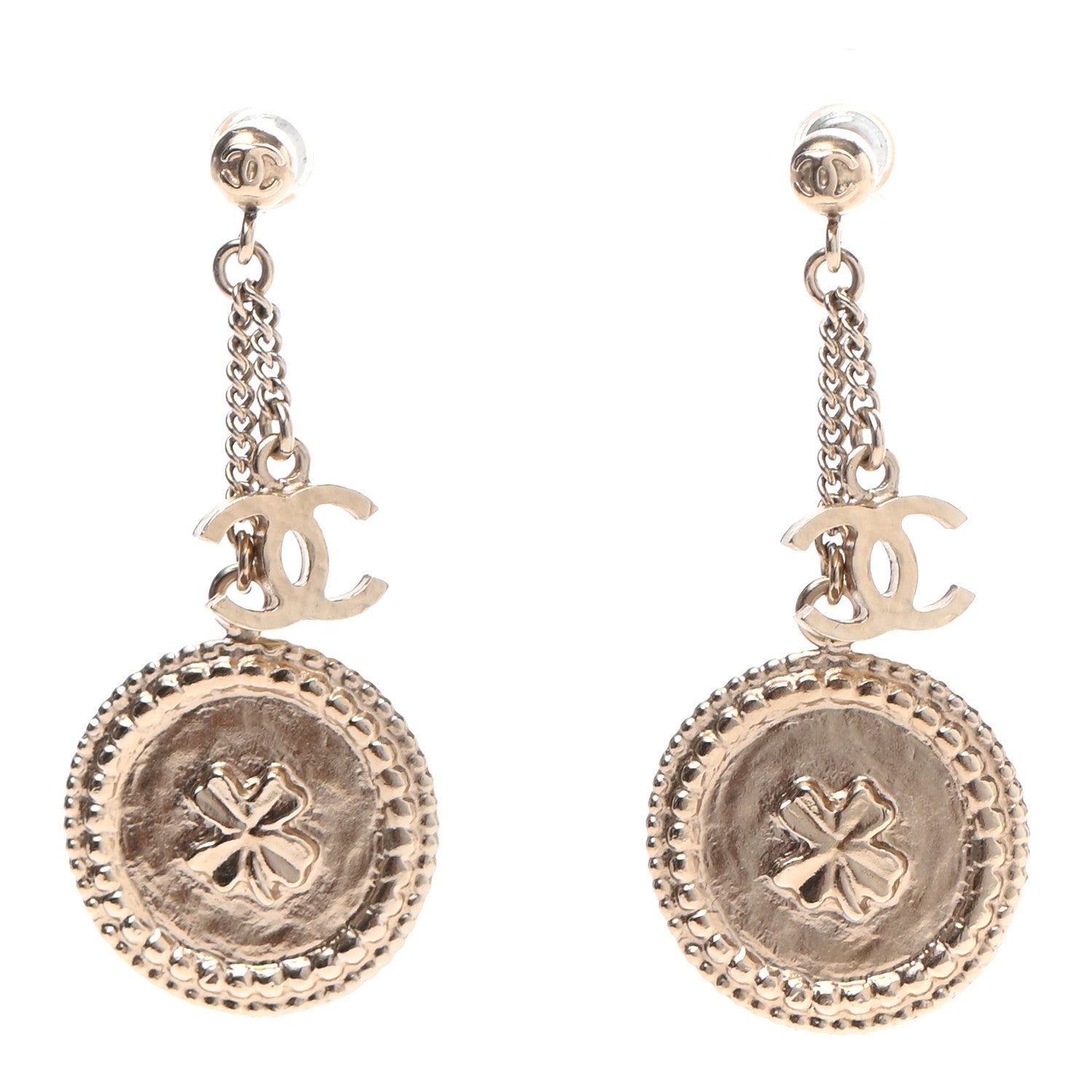 Chanel Medallion Clover CC Drop Earrings Light Gold 1 of 7