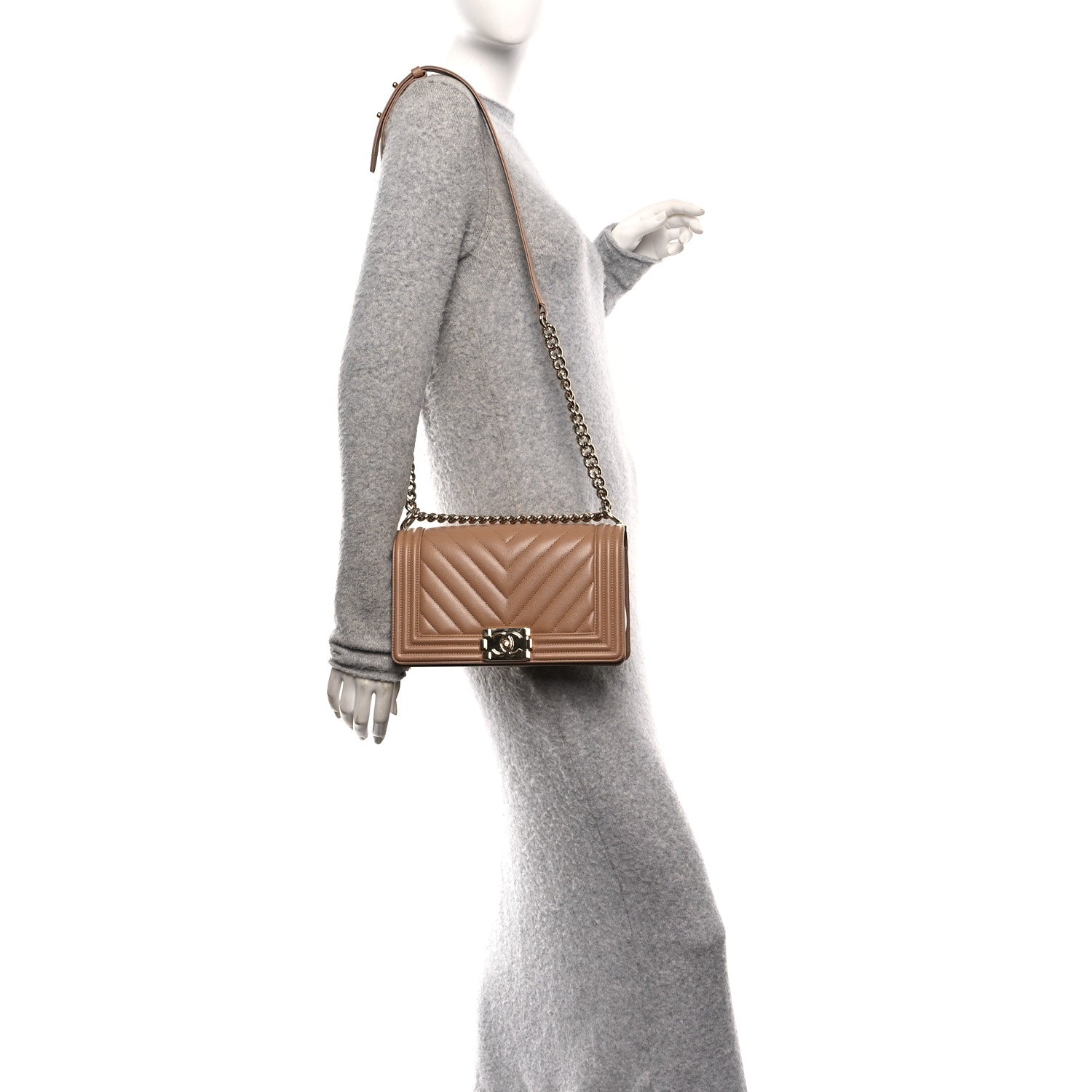 Chanel Caviar Chevron Quilted Medium Boy Flap Beige 2 of 11