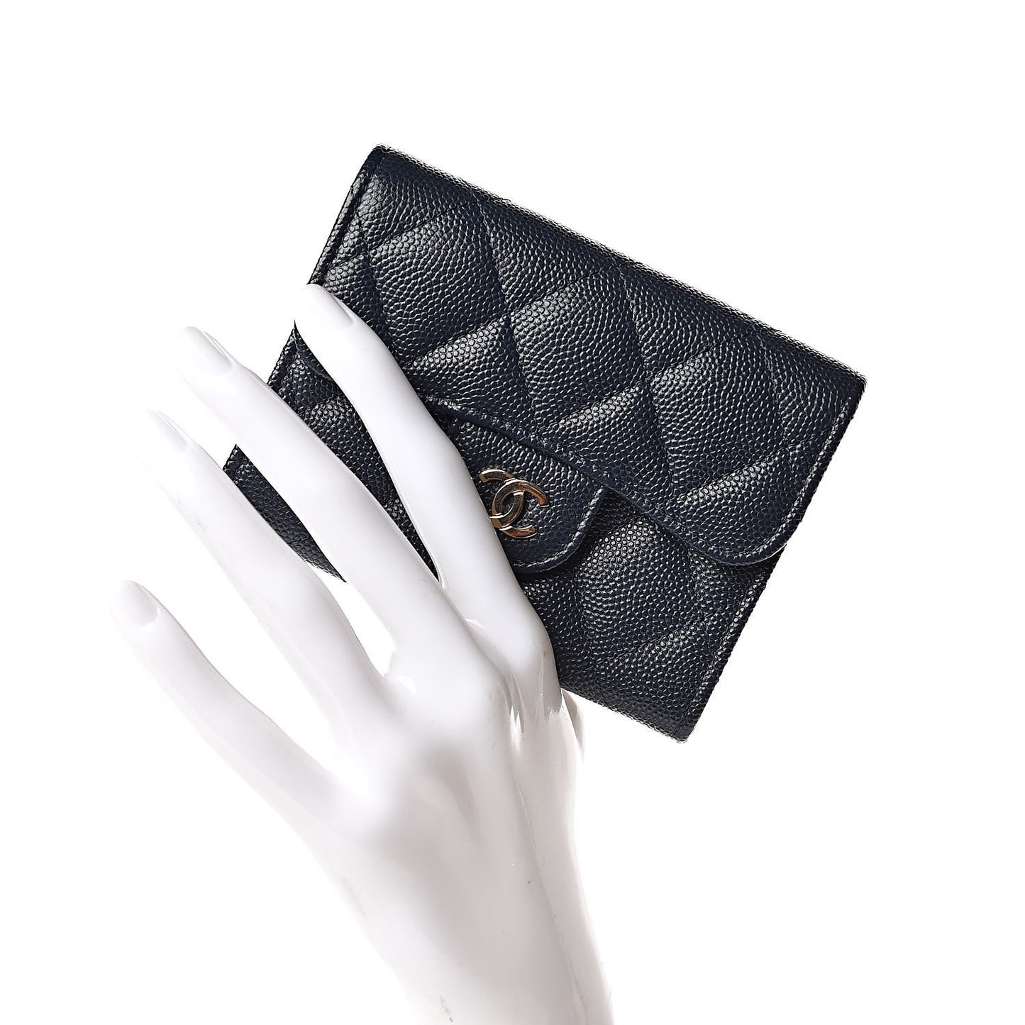 Caviar Quilted Flap Card Holder Wallet Navy