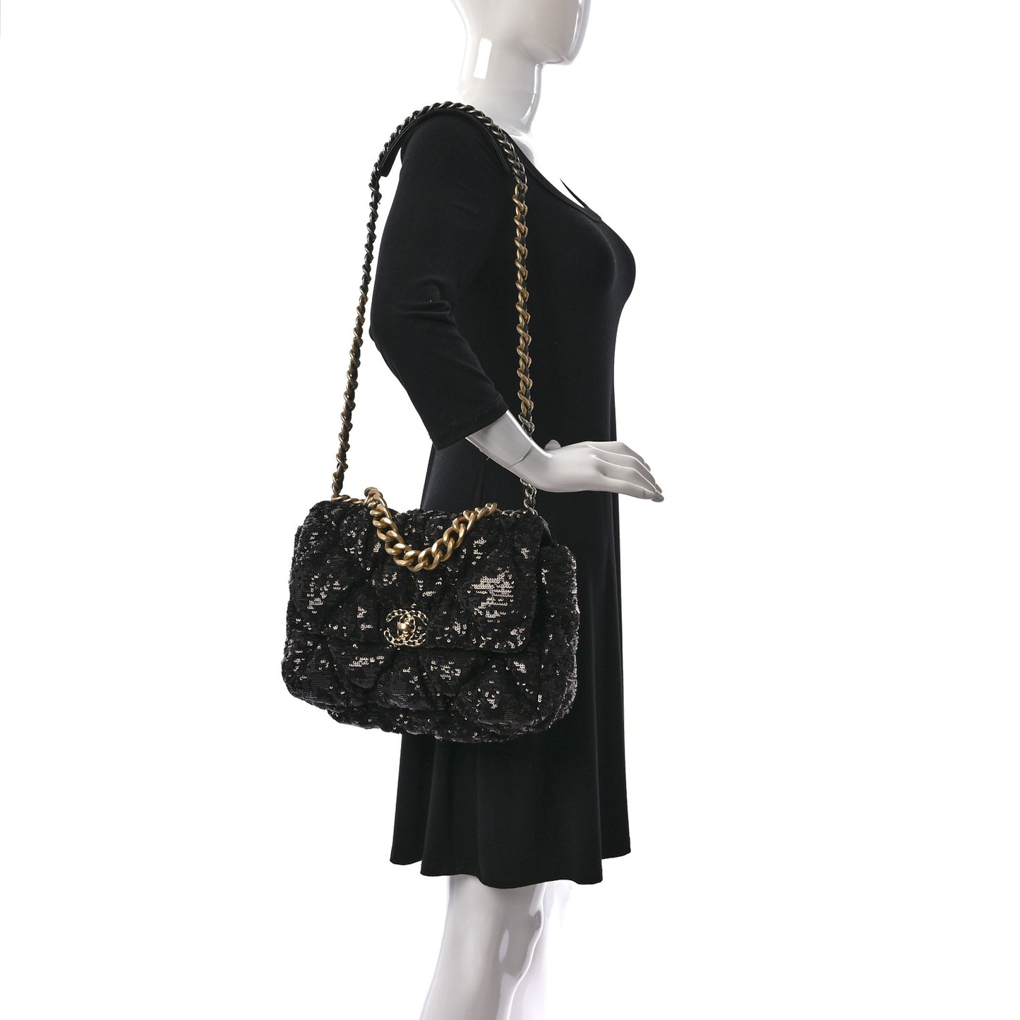 Sequin Quilted Large Chanel 19 Flap Black