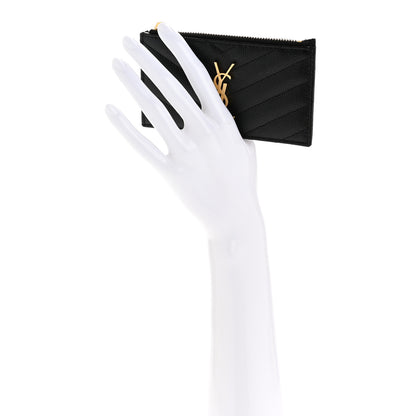 Saint Laurent Grain De Poudre Matelasse Chevron Monogram Fragments Zippered Card Case Black 2 of 8