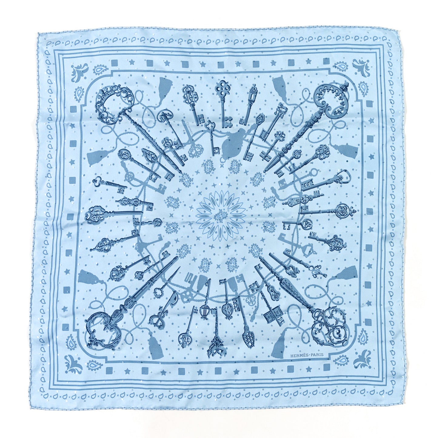 Silk Les Cles Bandana Scarf 55 Bleu Ciel Bleu Jean Gris
