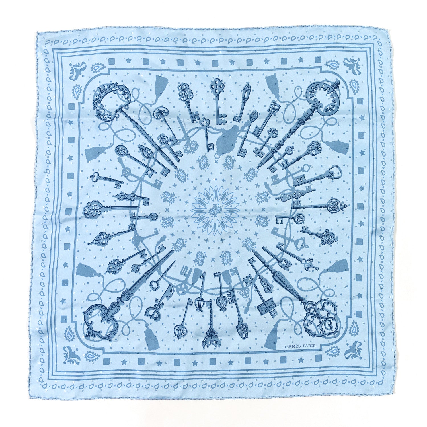 Hermes Silk Les Cles Bandana Scarf 55 Bleu Ciel Bleu Jean Gris 1 of 4