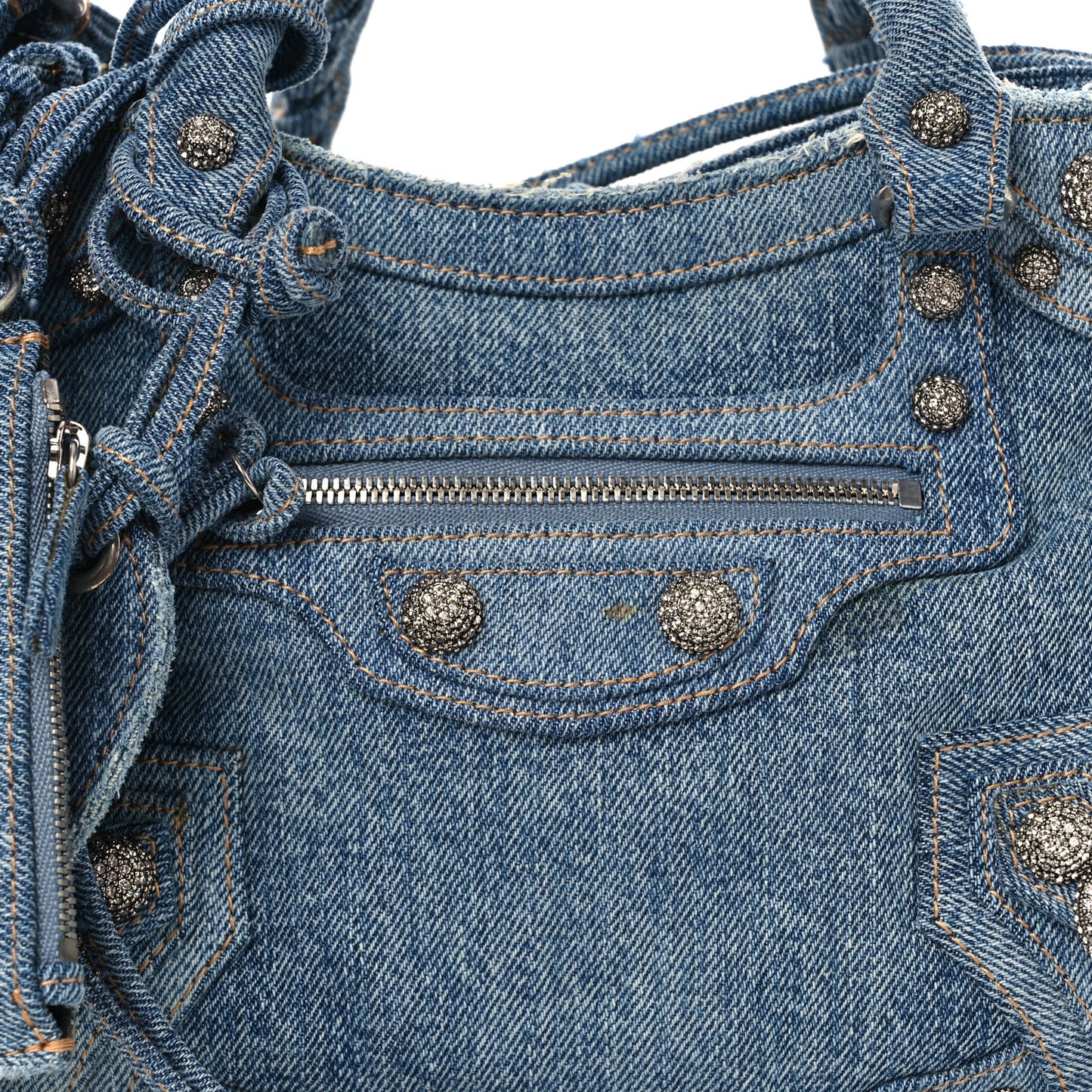 Washed Frayed Denim Crystal Neo Cagole Handbag XS Blue
