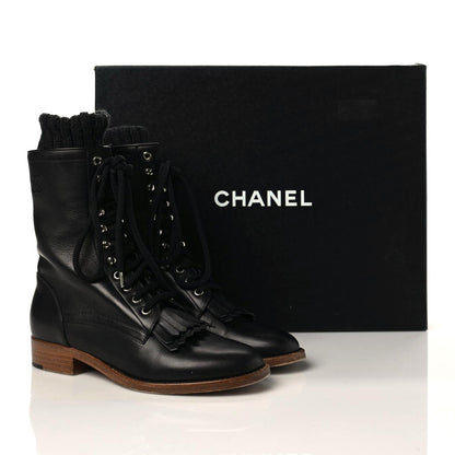 Chanel Calfskin Sock High CC Combat Boots 39.5 Black Dark Grey 10 of 10
