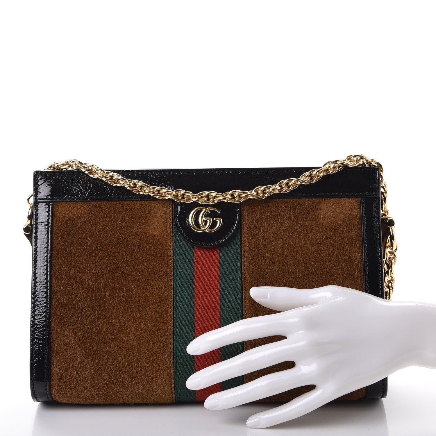 Gucci Suede Patent Web Small Ophidia Chain Shoulder Bag Nocciola Black 3 of 8
