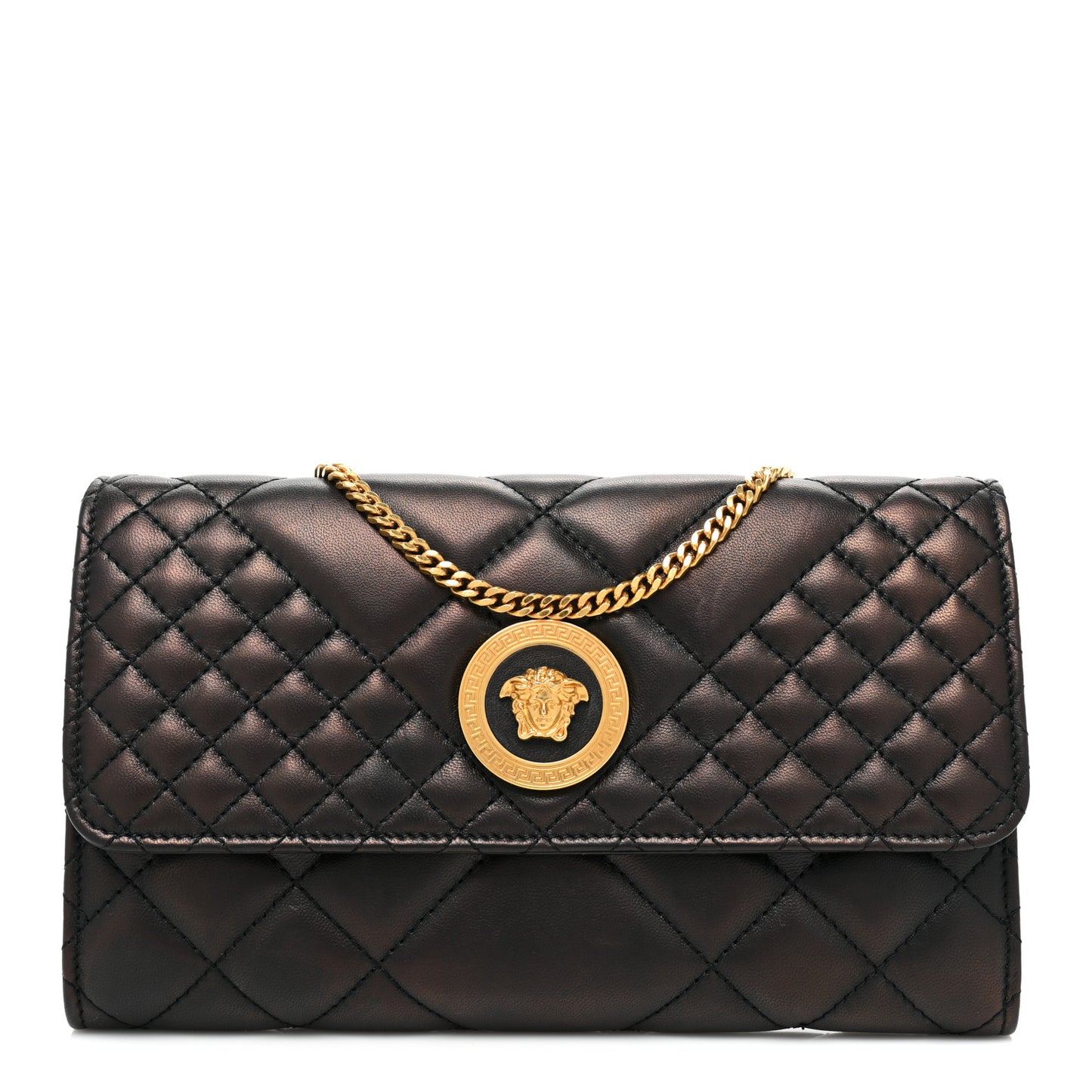 Lambskin Quilted Medusa Wallet on Chain Crossbody Black Gold
