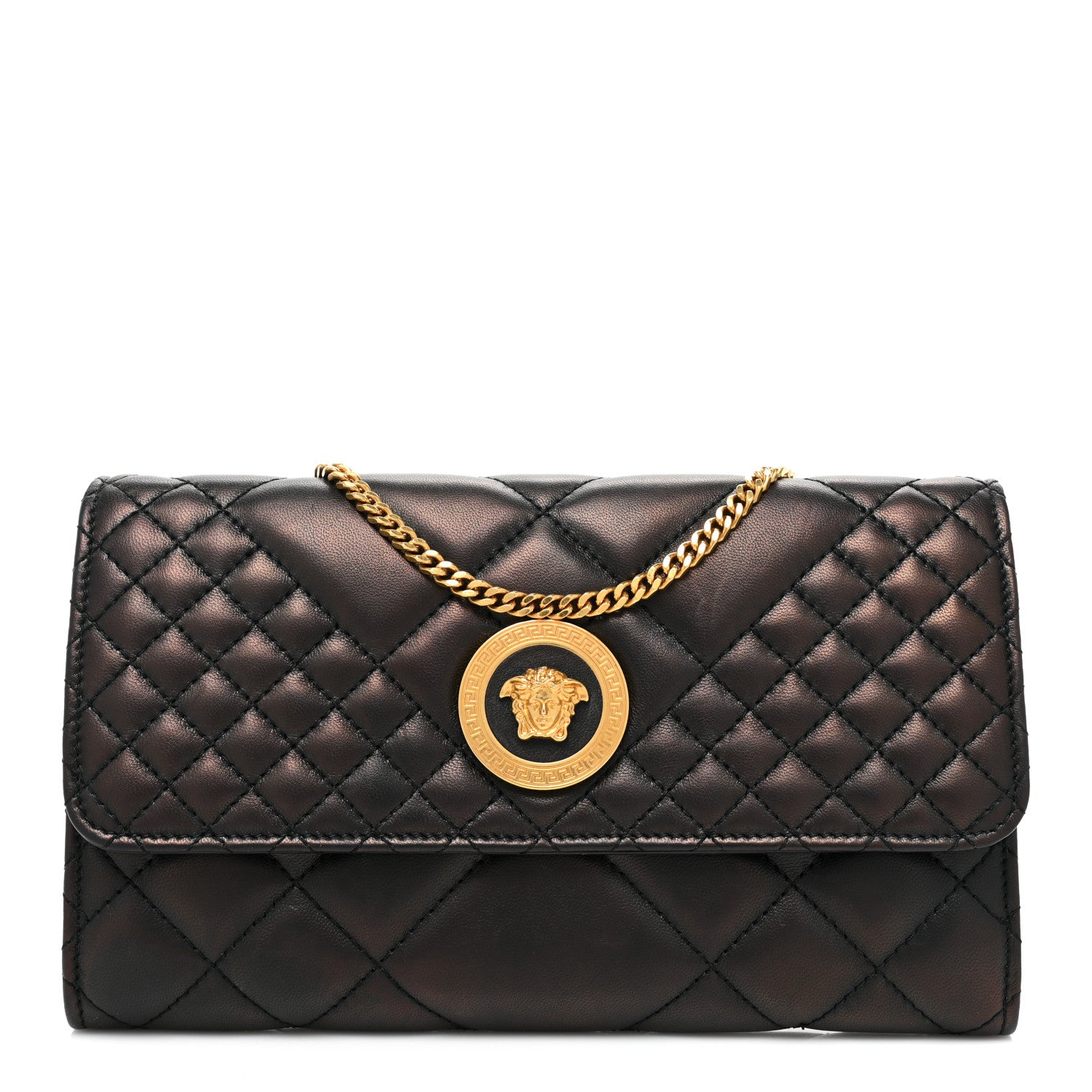 Versace Lambskin Quilted Medusa Wallet on Chain Crossbody Black Gold 1 of 15