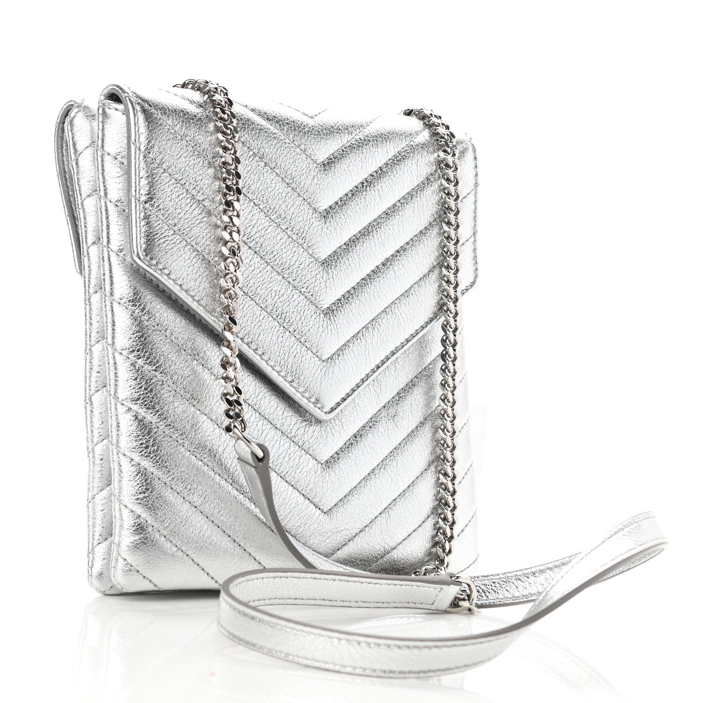 Metallic Lambskin Quilted Double Flap Bag Silver