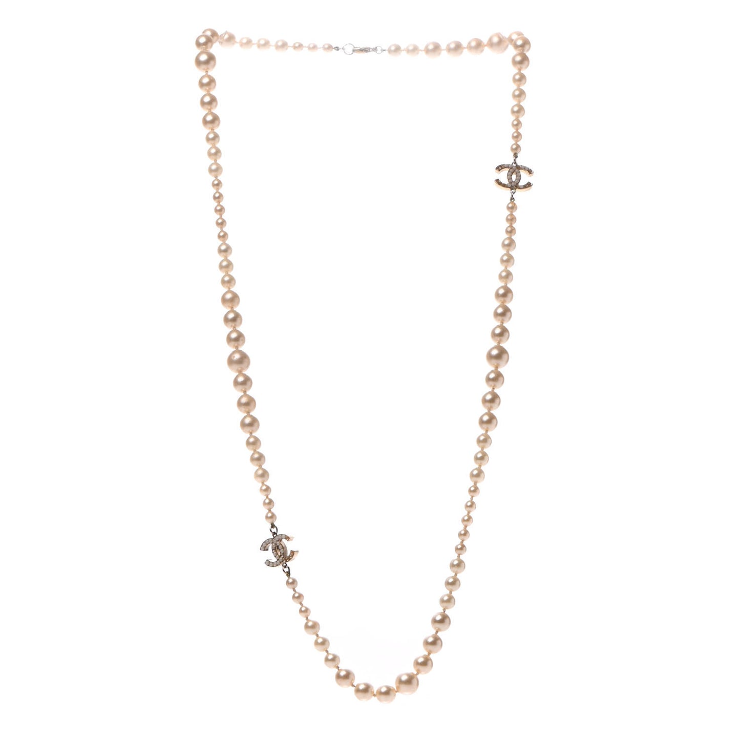 Graduated Pearl CC Long Necklace Light Gold