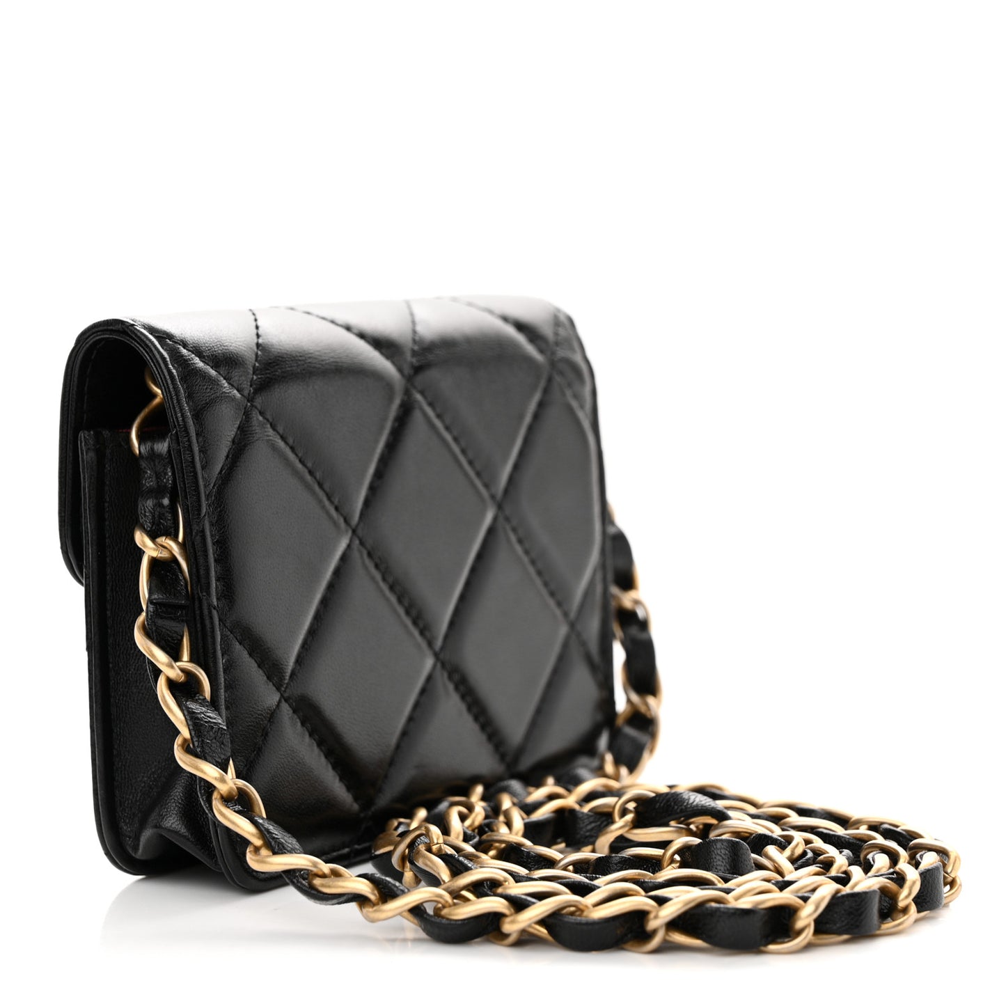 Lambskin Quilted Diamond Lock Card Holder On Chain Black