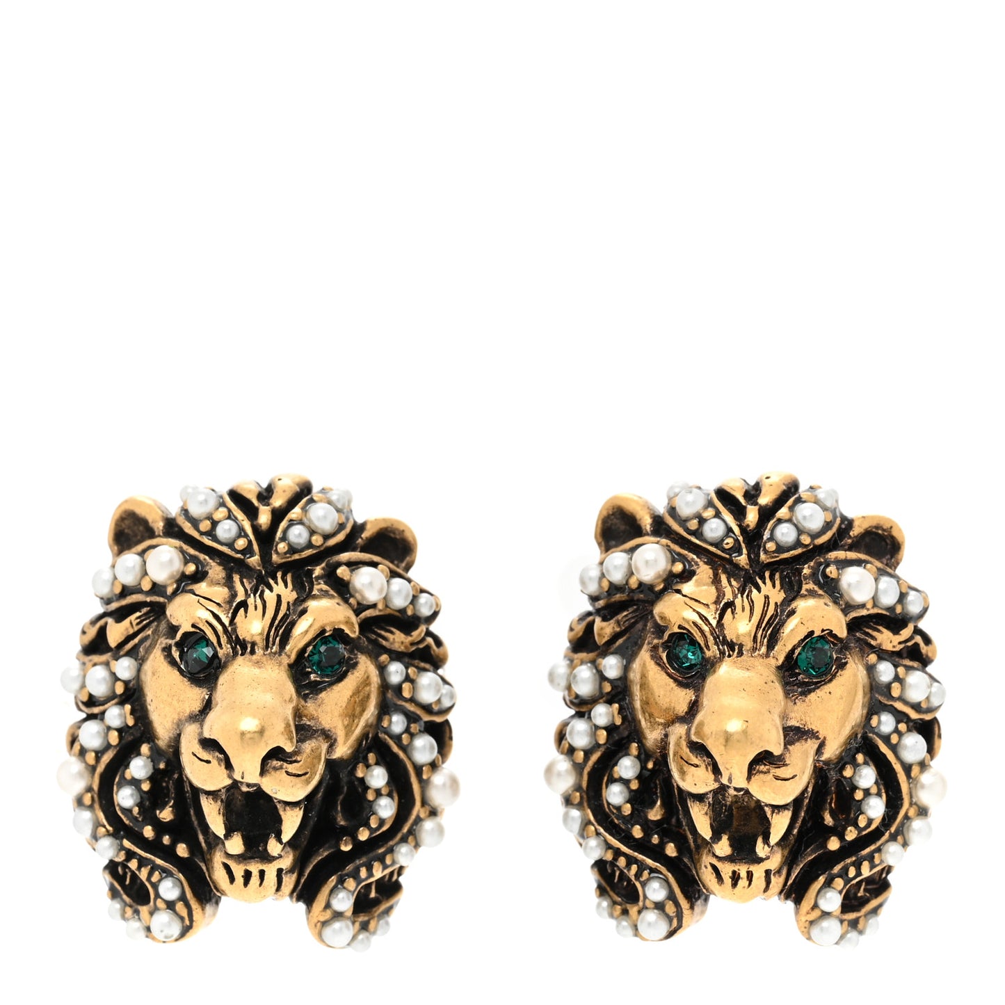 Metal Crystal Lion Clip On Earrings Aged Gold