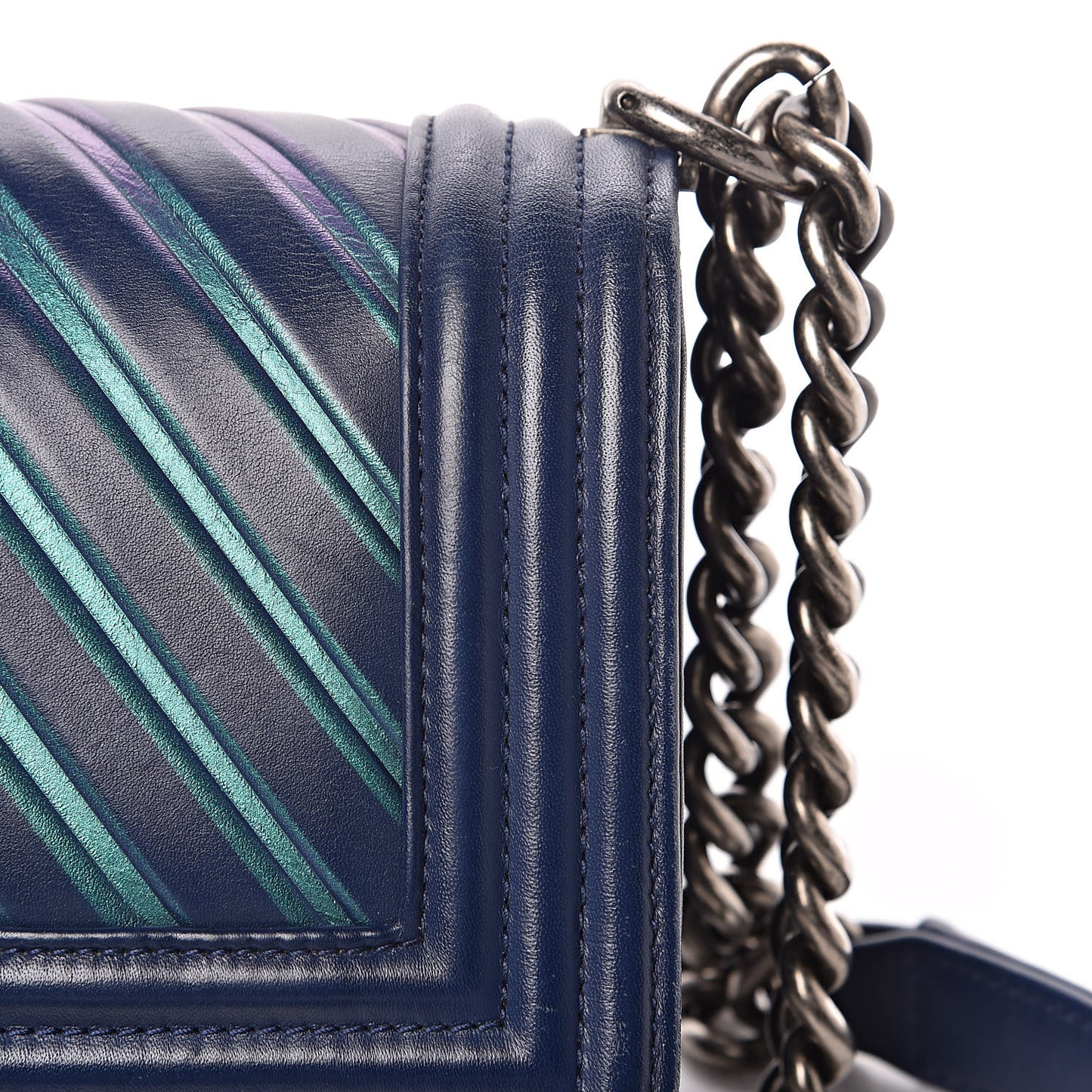 Calfskin Painted Chevron Embossed Small Boy Flap Dark Blue