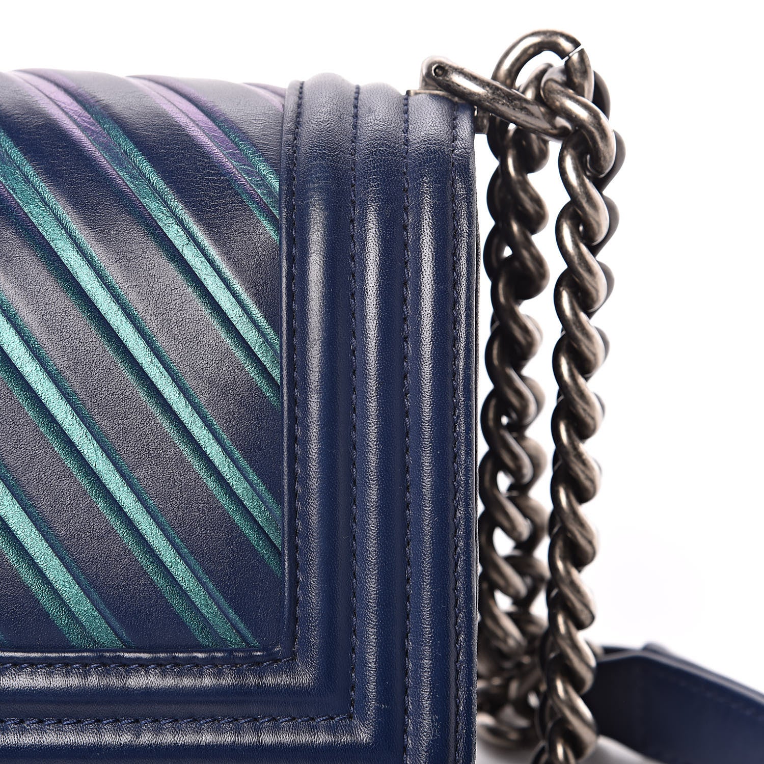 Chanel Calfskin Painted Chevron Embossed Small Boy Flap Dark Blue 12 of 18
