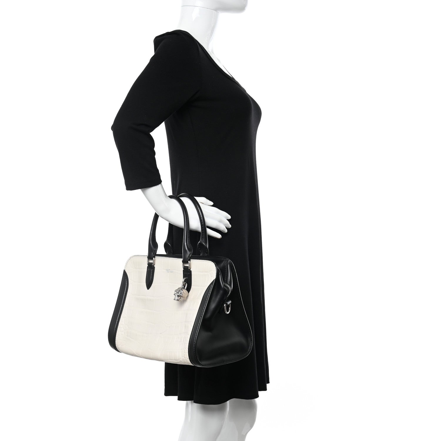 Alexander McQueen Calfskin Crocodile Embossed Small Skull Padlock Zip Around Tote White Black 2 of 13