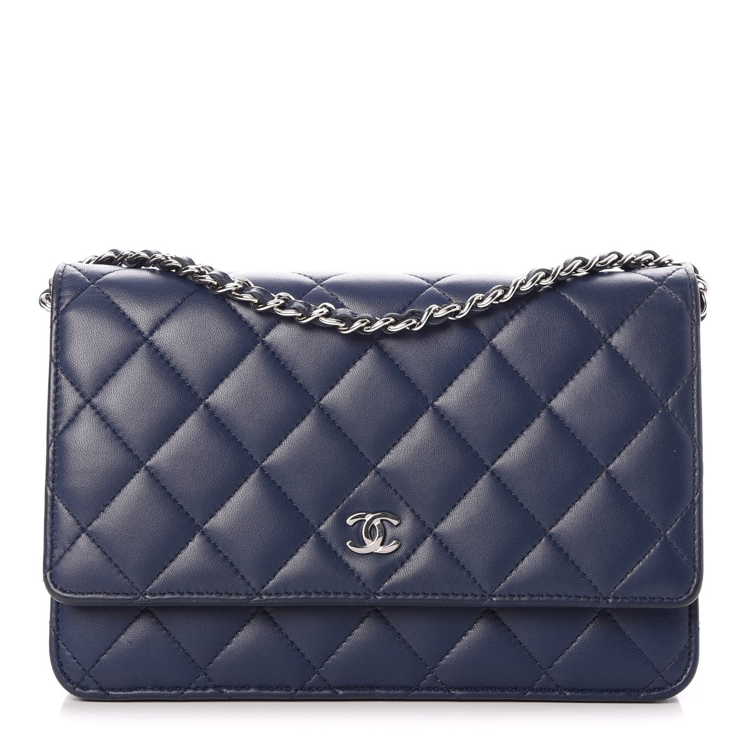 Lambskin Quilted Wallet On Chain WOC Navy Blue