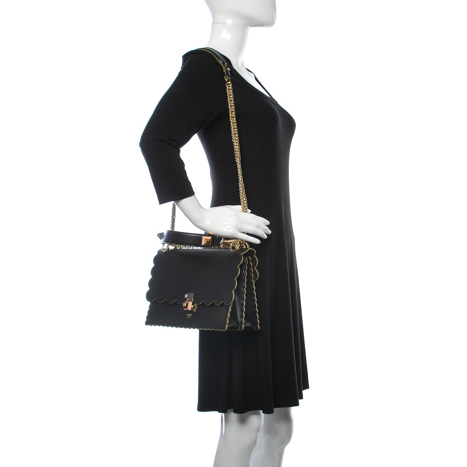 Fendi Vitello Liberty Scalloped Studded Kan I Shoulder Bag Black 2 of 9