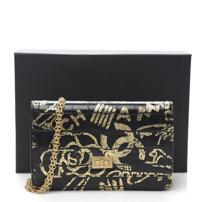 Chanel Calfskin Crocodile Embossed Graffiti 2.55 Cocodile Reissue Wallet On Chain WOC Black Gold 12 of 12