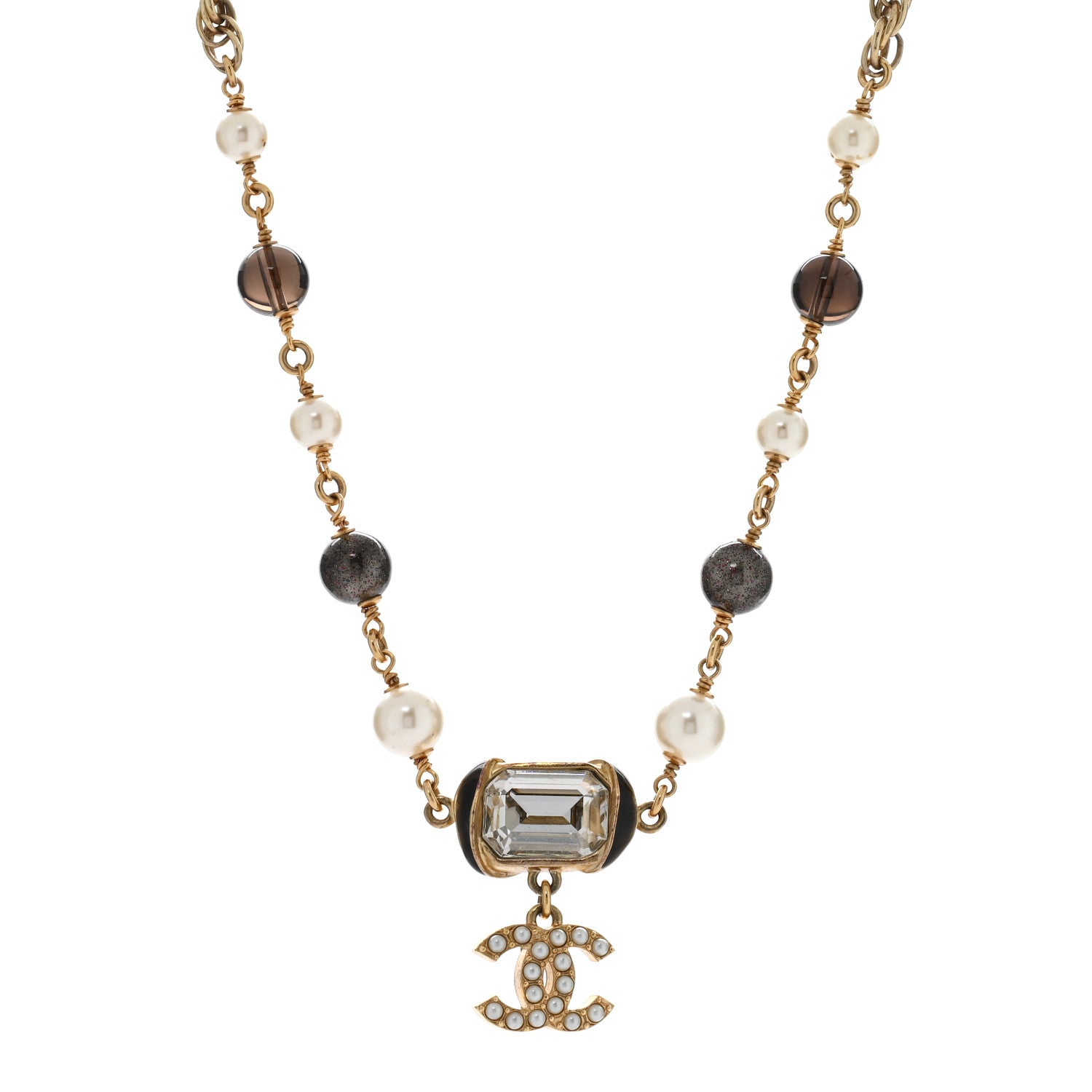 Chanel Graduated Pearl Crystal CC Short Necklace Gold Black Grey 1 of 5