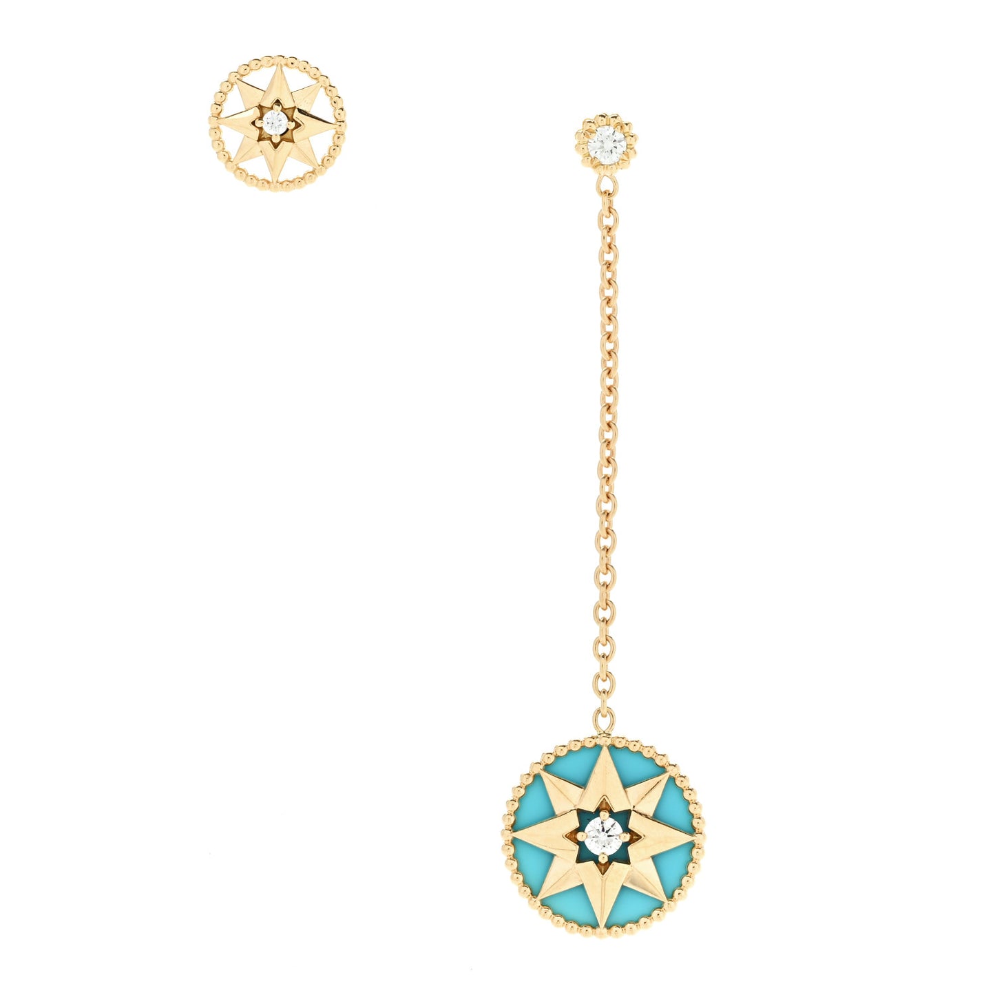 18K Yellow Gold Diamond Turquoise Rose Des Vents Drop Stud Earrings