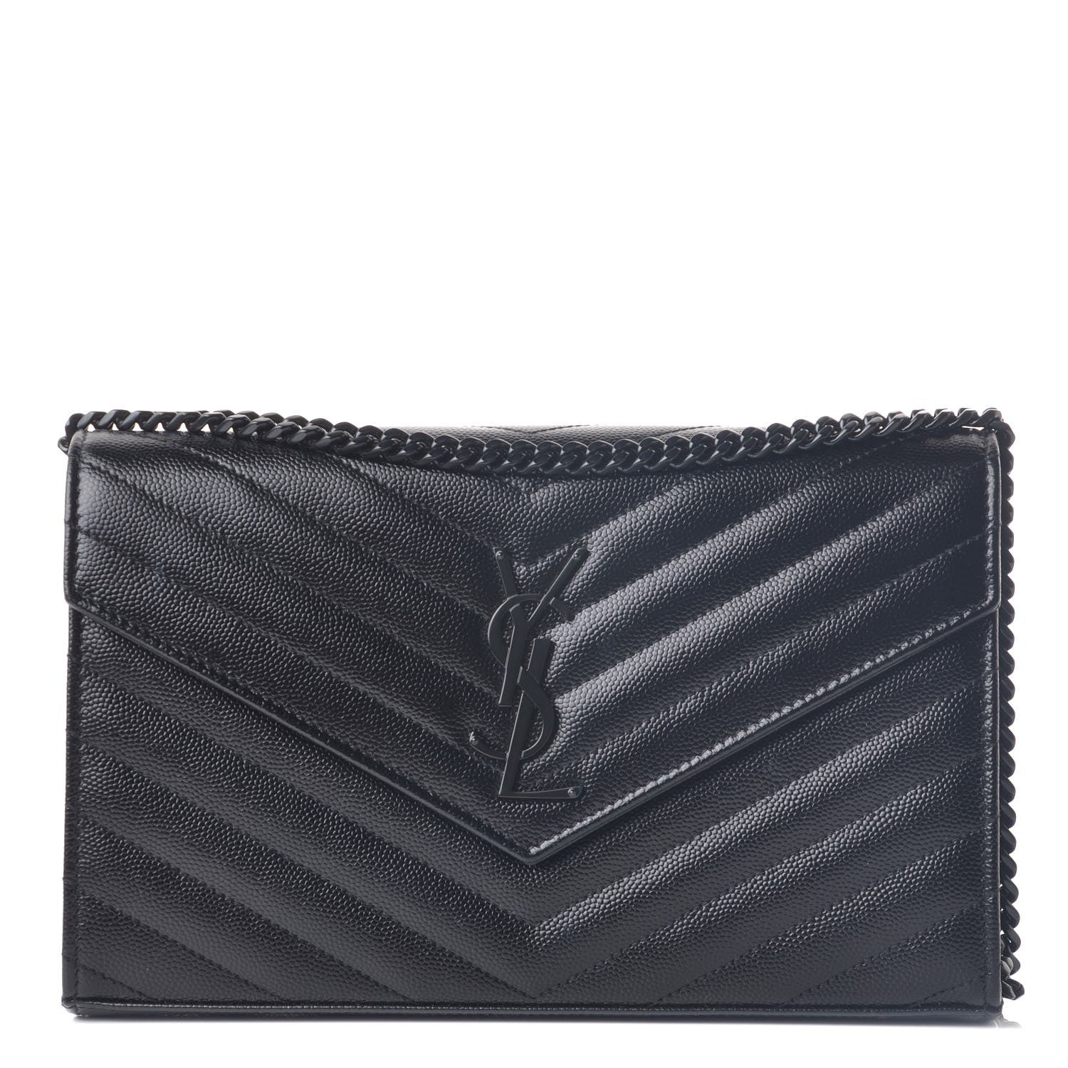 Saint Laurent Grain De Poudre Matelasse Chevron Monogram Chain Wallet Black 1 of 7