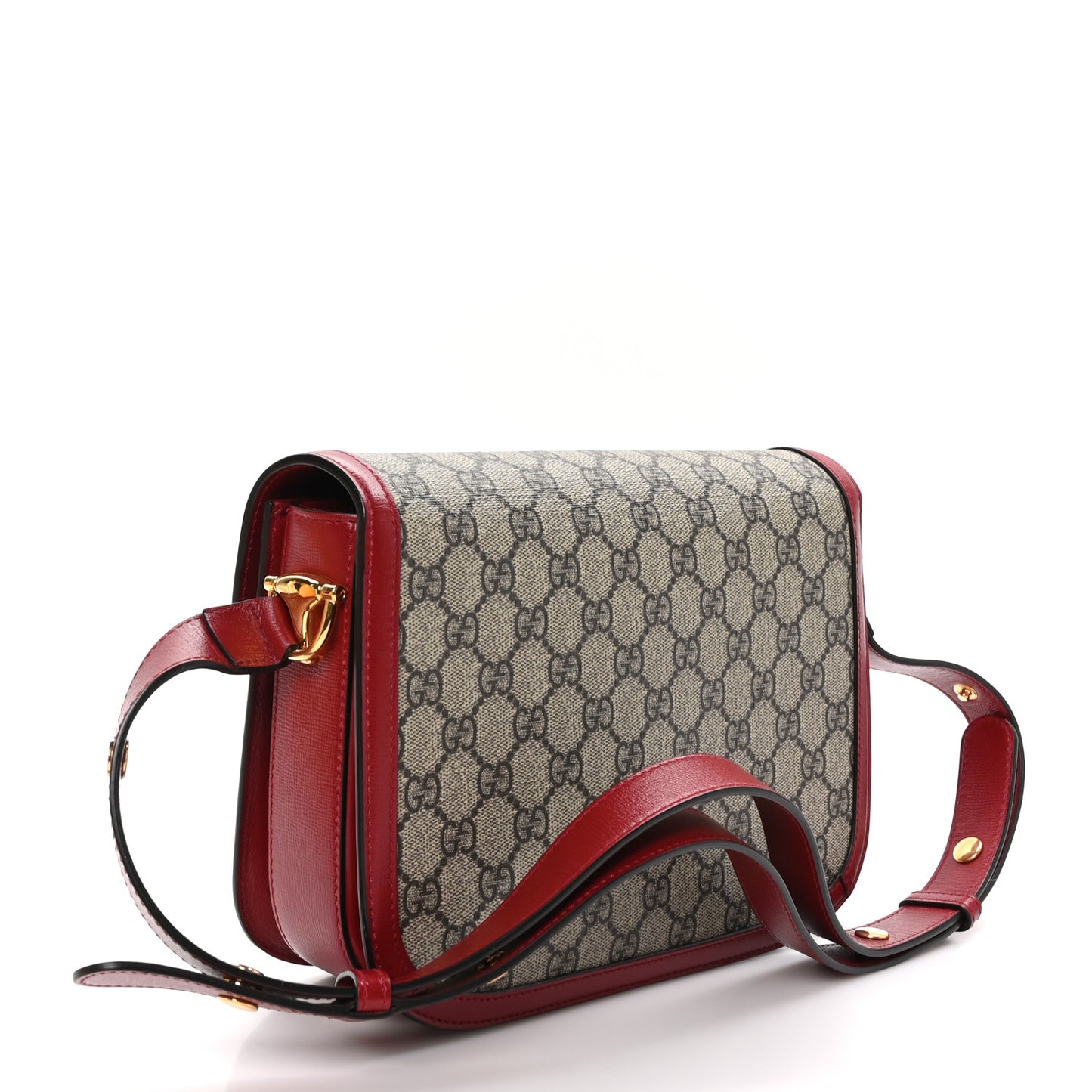 GG Supreme Monogram Azalea Calfskin Horsebit 1955 Shoulder Bag Beige Ebony New Cherry Red