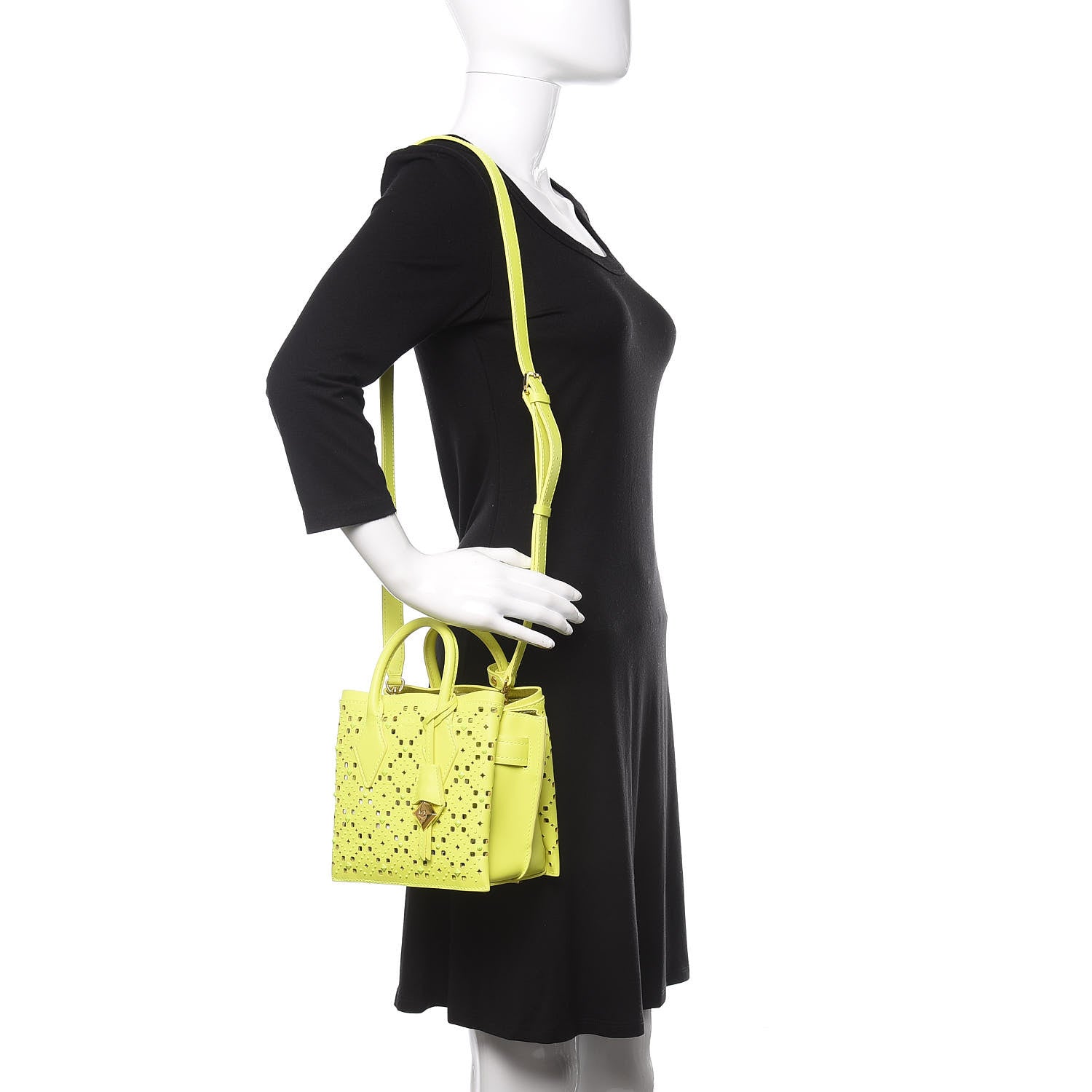 MCM Perforated Calfskin Studded Mini Milla Tote Neon Yellow 2 of 8