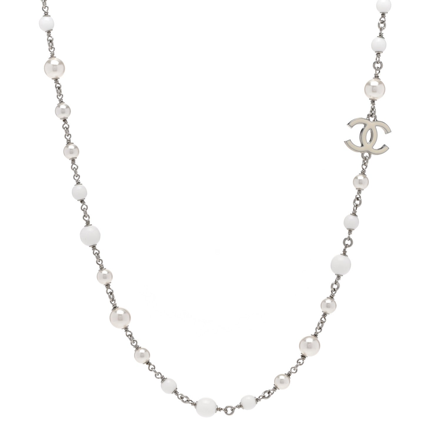 Chanel Pearl Enamel Bead CC Long Necklace Silver White 1 of 5