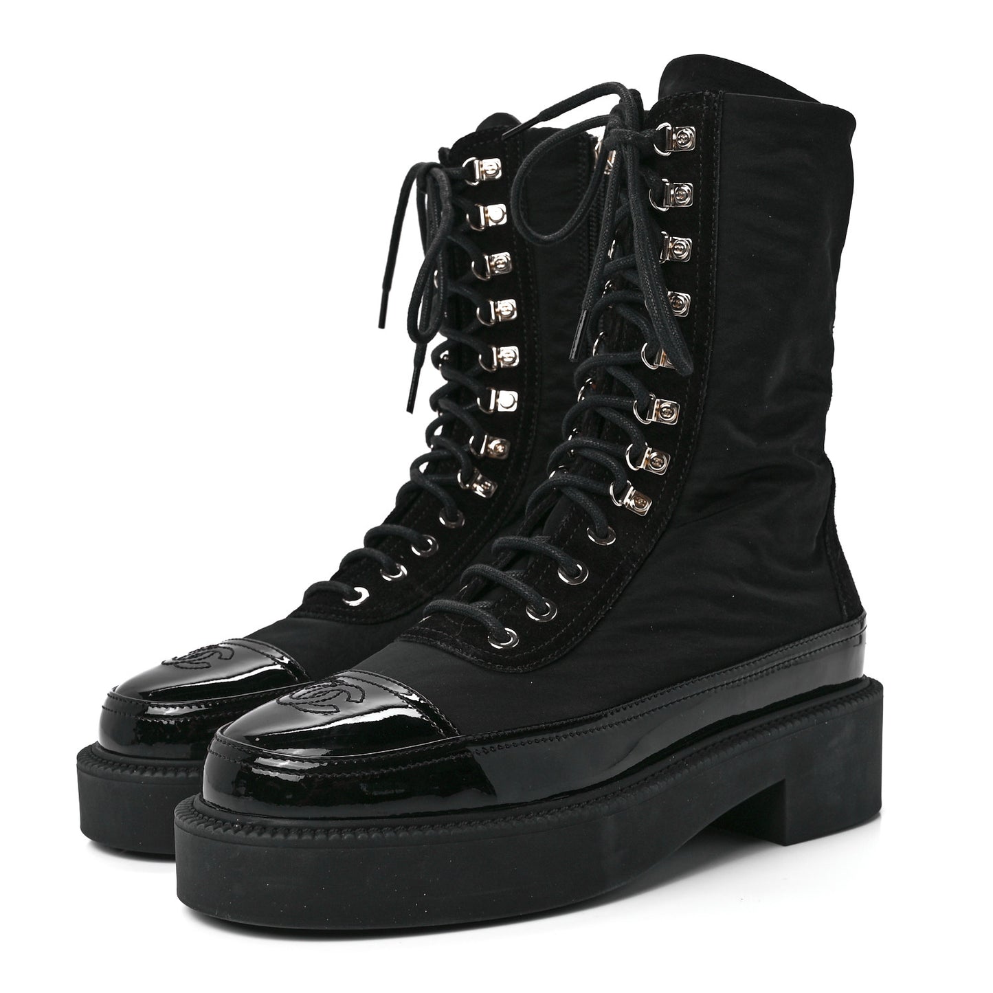 Nylon Suede Patent Calfskin Womens CC Lace Up Boots 37 Black