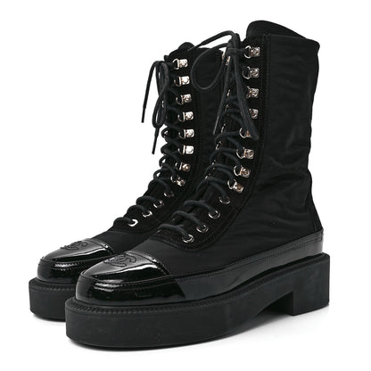 Chanel Nylon Suede Patent Calfskin Womens CC Lace Up Boots 37 Black 3 of 8
