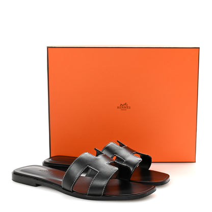 Hermes Box Calfskin Oran Sandals 38 Black 10 of 10