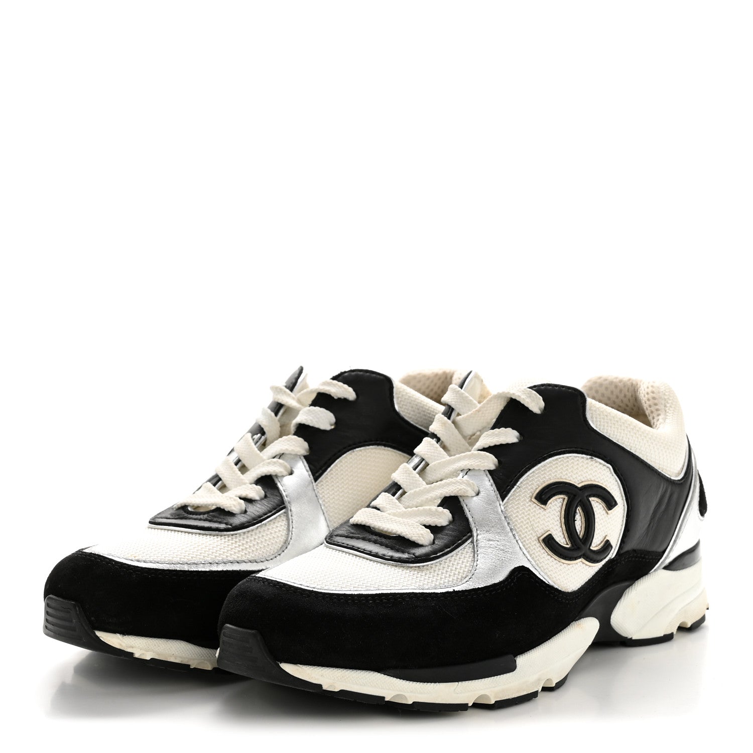 Chanel Mesh Suede Calfskin Grained Calfskin Womens CC Sneakers 38 Black White Silver 4 of 12