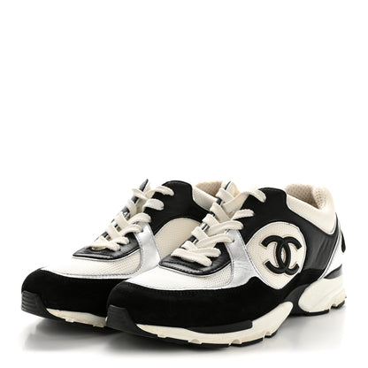 Chanel Mesh Suede Calfskin Grained Calfskin Womens CC Sneakers 38 Black White Silver 4 of 12