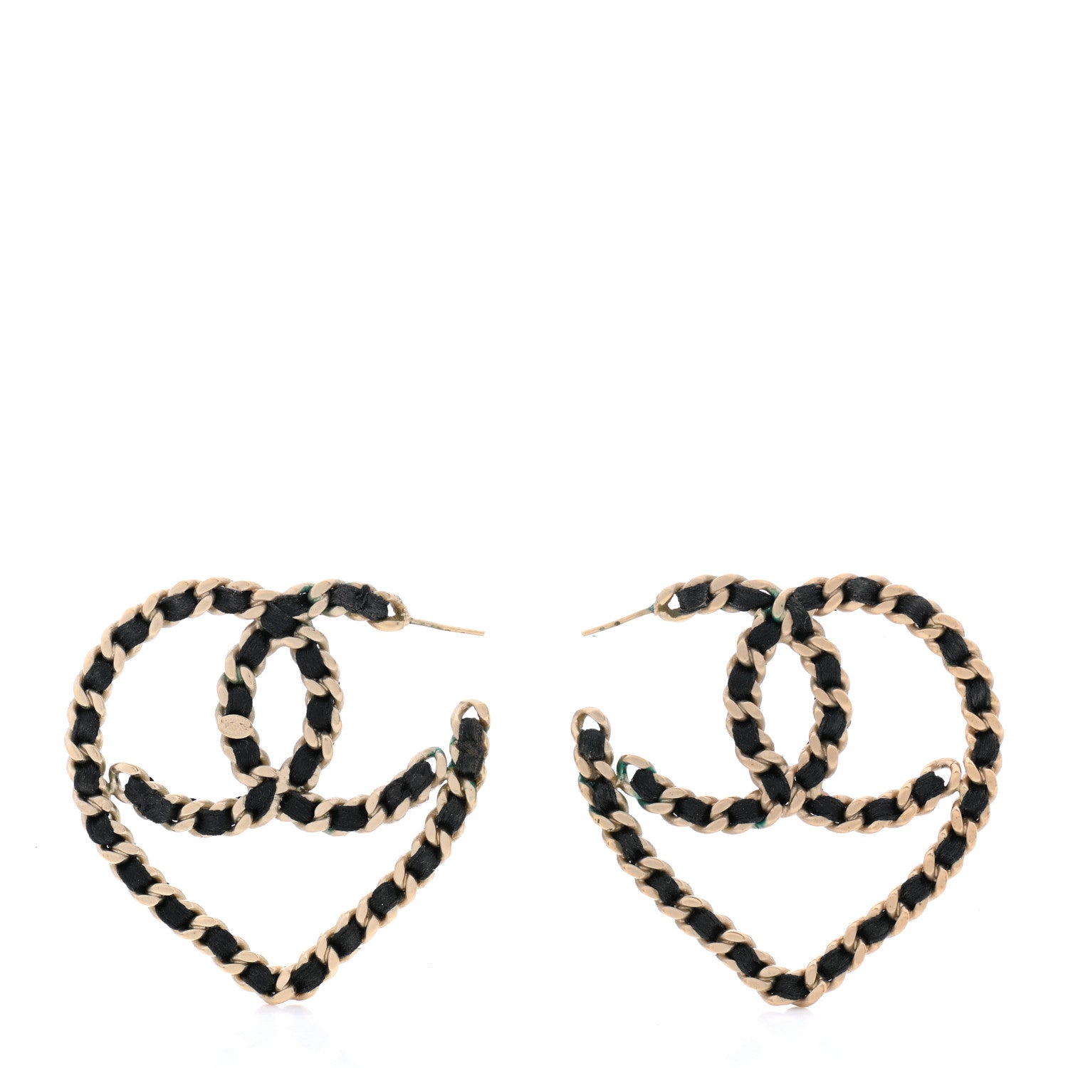 Chanel Satin Ribbon CC Heart Chain Earrings Black 1 of 6