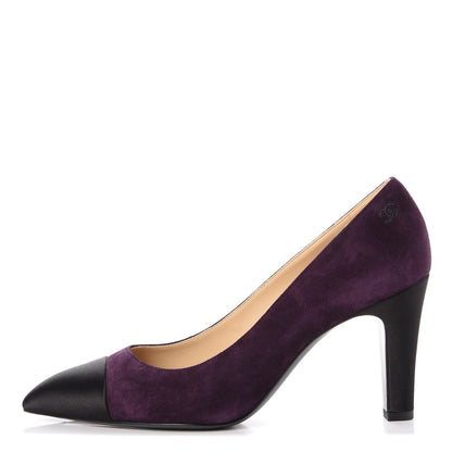 Chanel Suede Satin Cap Toe Pumps 38.5 Dark Purple Black 1 of 9