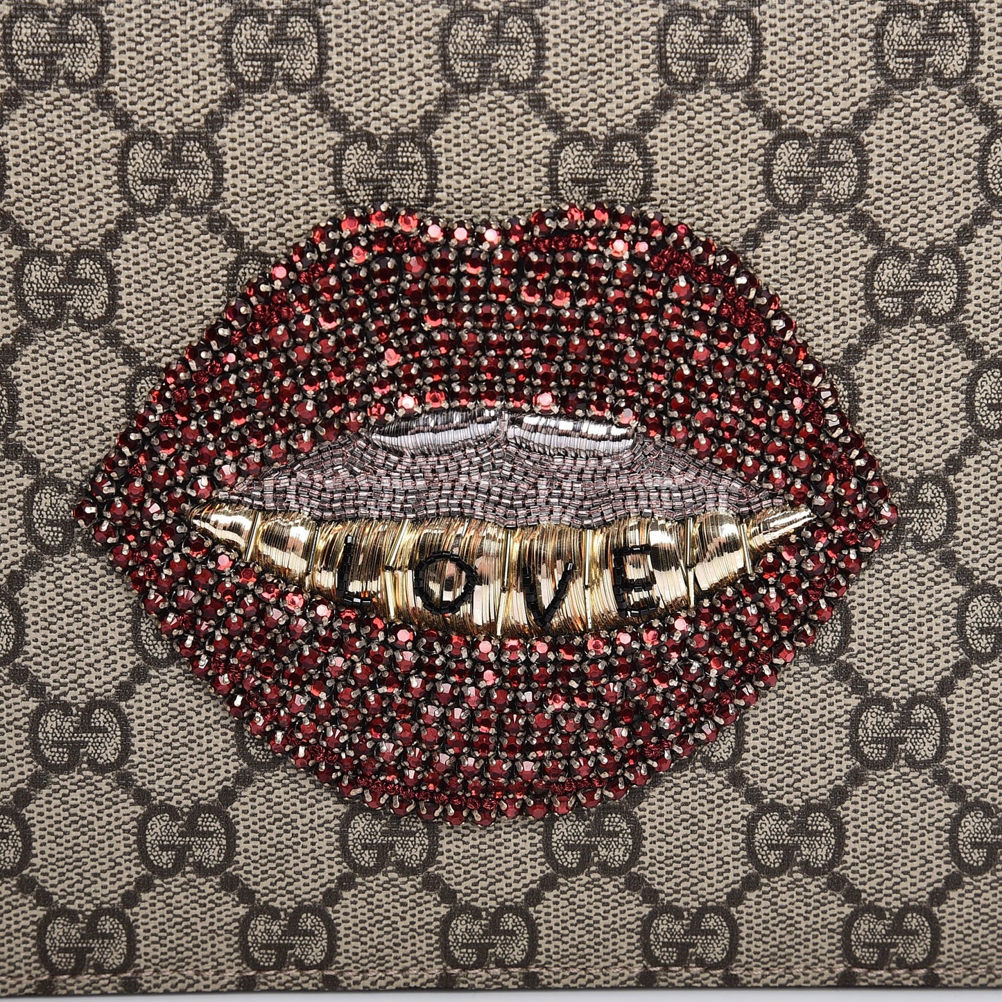 GG Supreme Monogram Merveilles Lips Zip Pouch Hibiscus Red