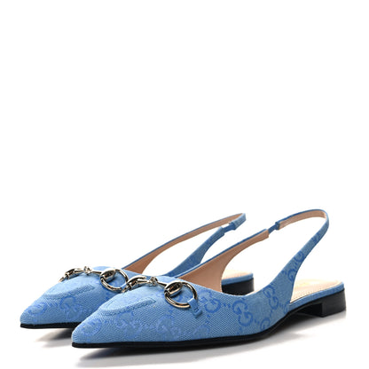 Gucci Canvas GG Monogram Horsebit Womens Slingback Ballet Flat 37.5 Light Blue 3 of 9