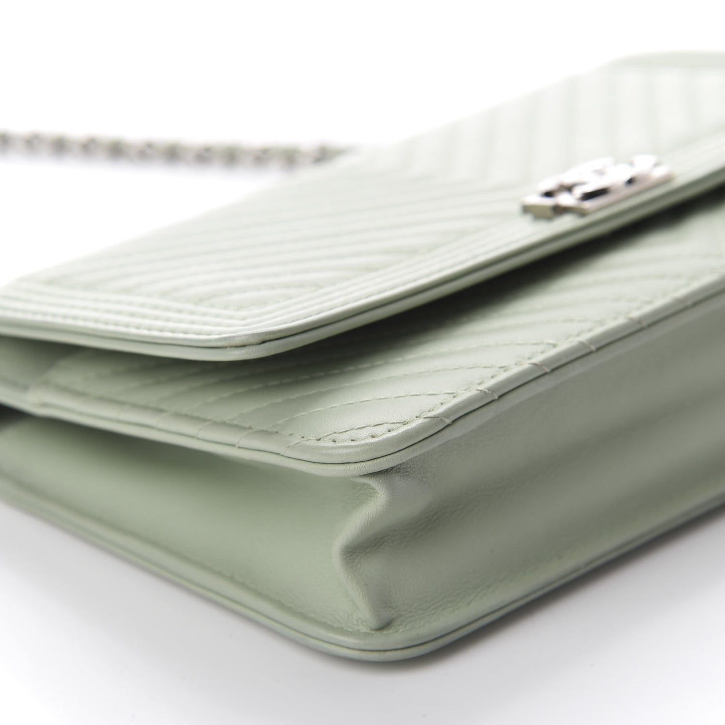 Lambskin Chevron Quilted Boy Wallet On Chain WOC Light Green