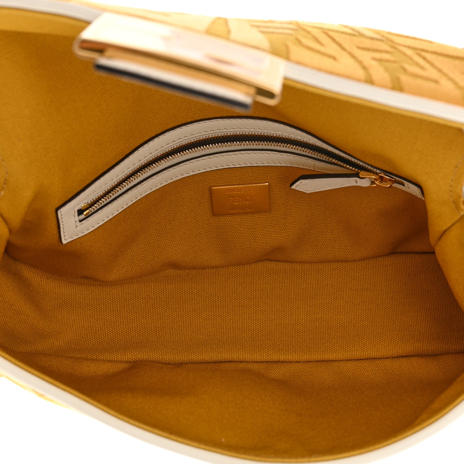 Fendi X SARA COLEMAN Canvas Vitello Seta FF Fish Eye Embroidered Baguette Mostarda White Ice 5 of 11