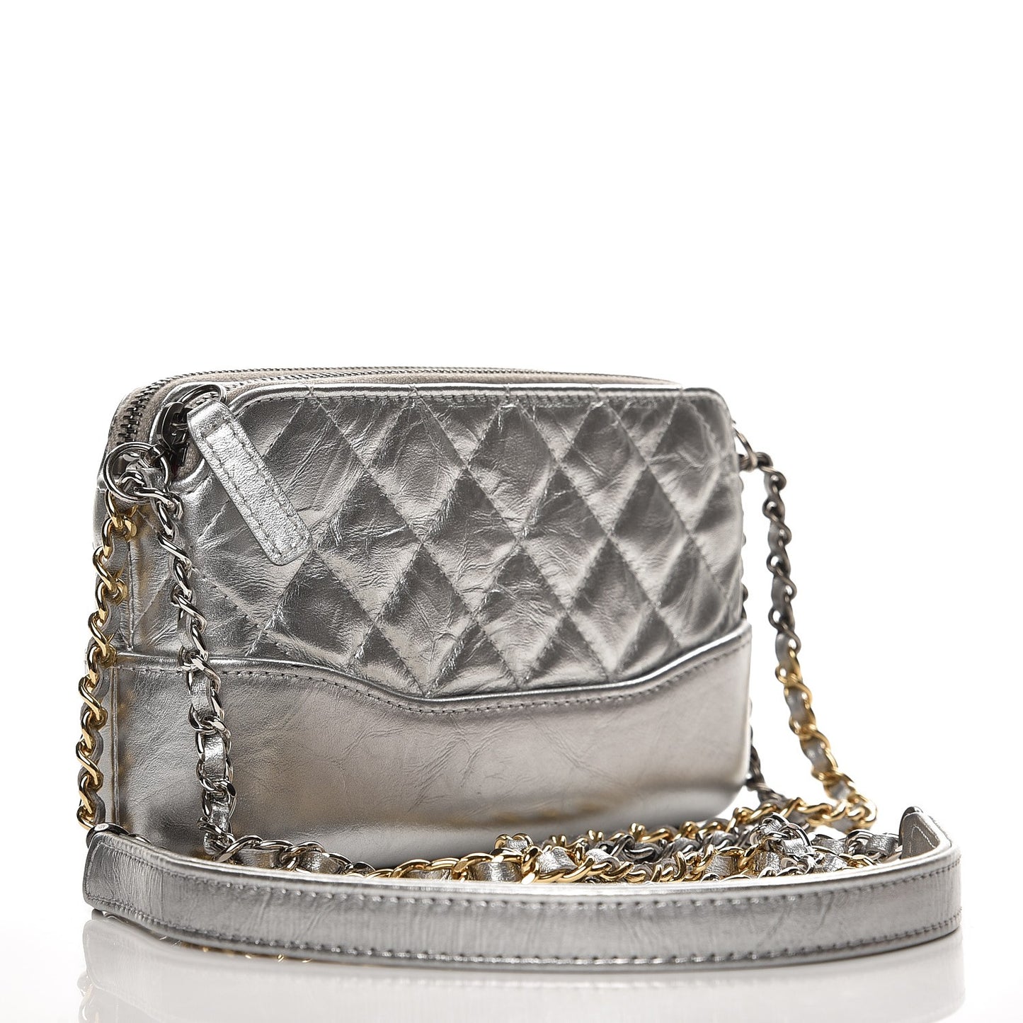 Metallic Lambskin Calfskin Quilted Small Gabrielle Clutch With Chain Silver