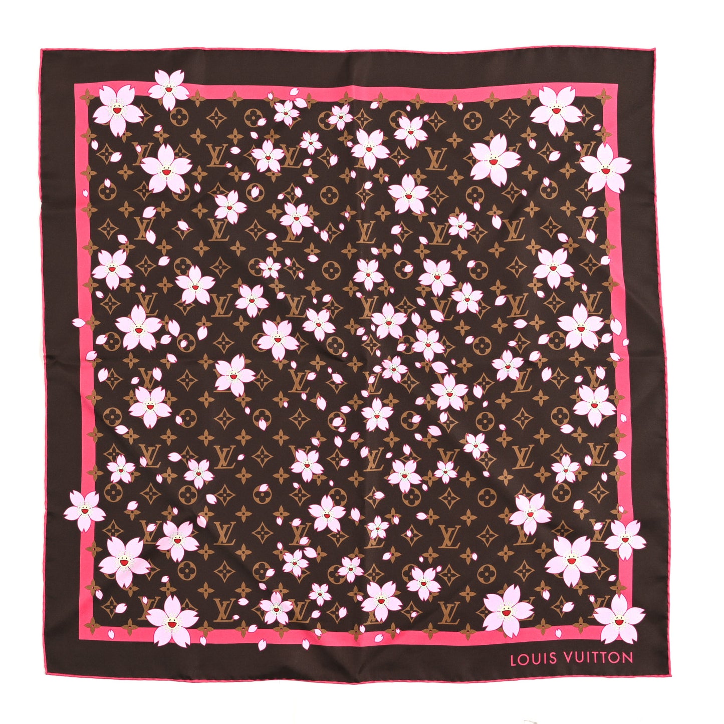 LV X TM Silk Cotton Monogram Cherry Blossom Square Scarf 70 Sakura Brown