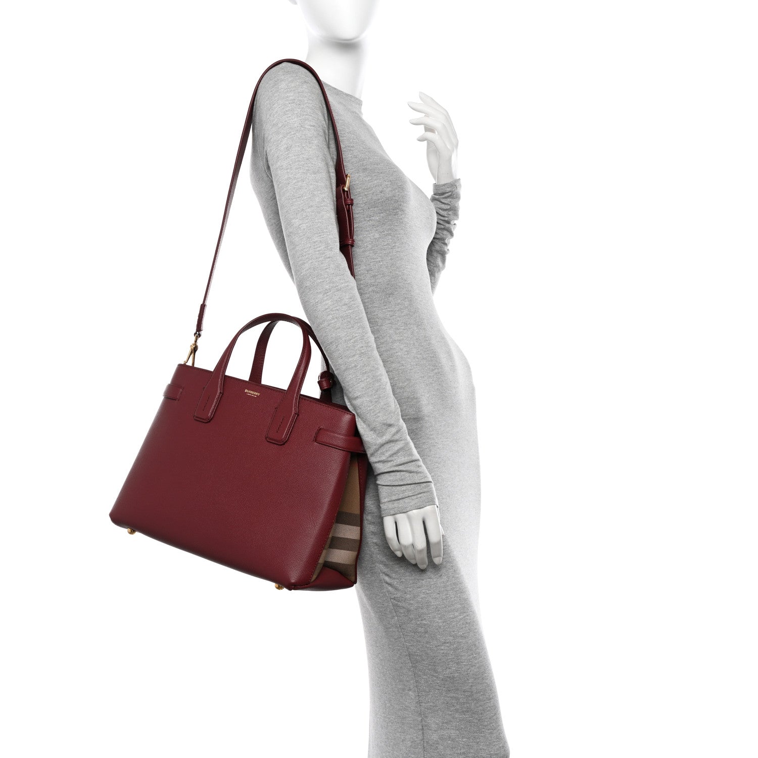 Burberry Grainy Calfskin House Check Medium Banner Tote Mahogany Red 2 of 10