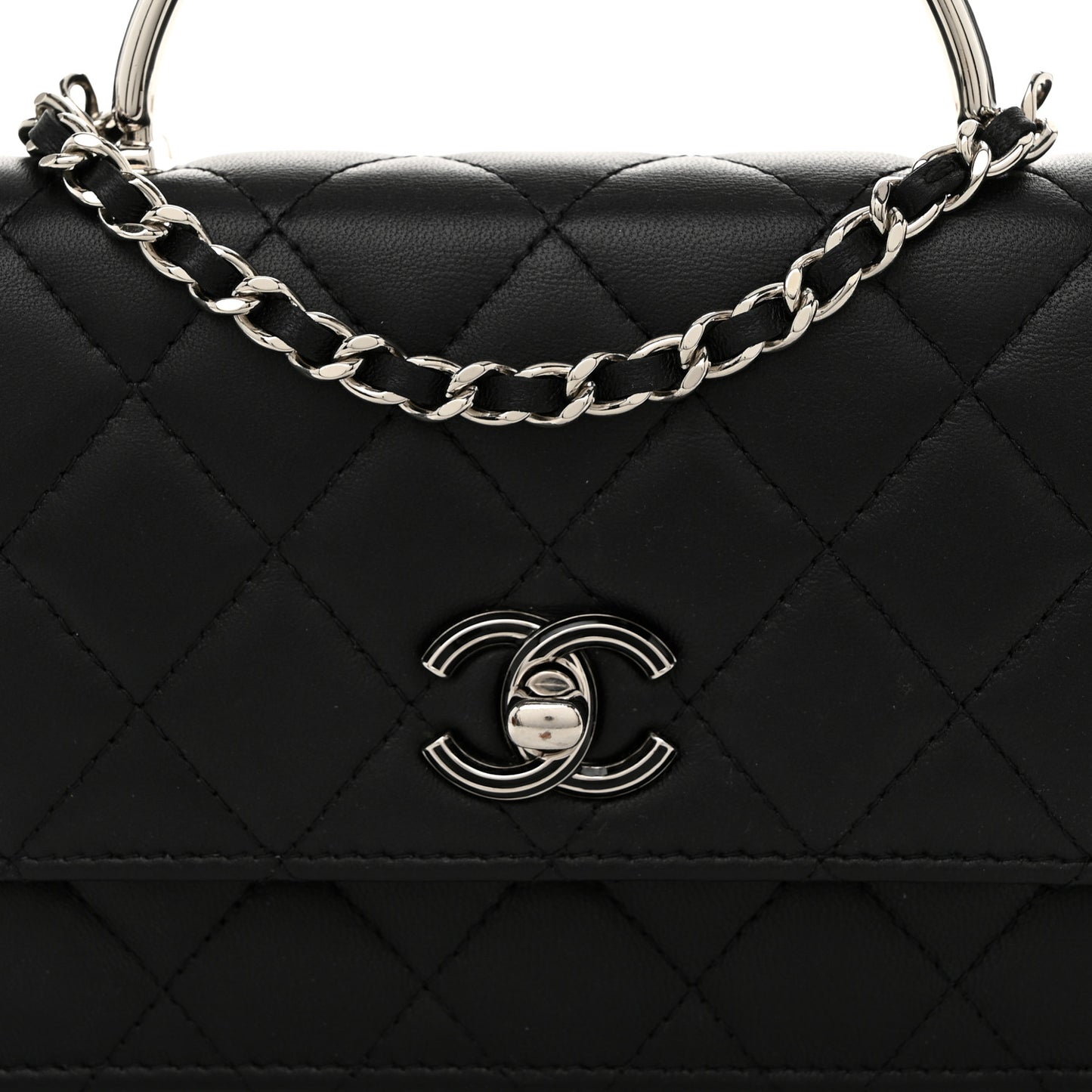 Lambskin Quilted Metal Top Handle Crossbody Flap Black