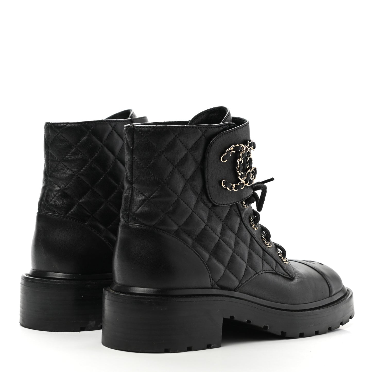 Lambskin Calfskin Quilted Lace Up Combat Boots 38.5 Black