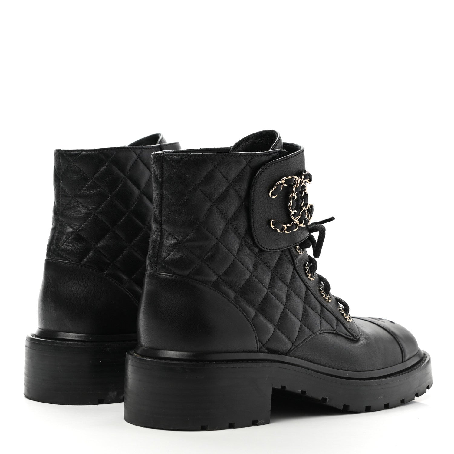 Chanel Lambskin Calfskin Quilted Lace Up Combat Boots 38.5 Black 4 of 10